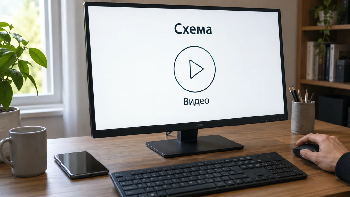 Монитор с обозначением просмотра видео и телефон на столе