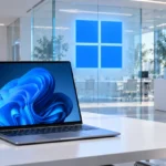 Рабочее место с ноутбуком и официальным синим знаком Windows