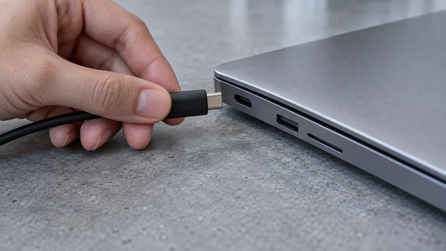 Рука подносит зарядный USB-C кабель к разъёму ноутбука