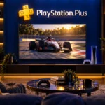 Игровая гостиная с крупным знаком PlayStation Plus и гоночной сценой на телевизоре