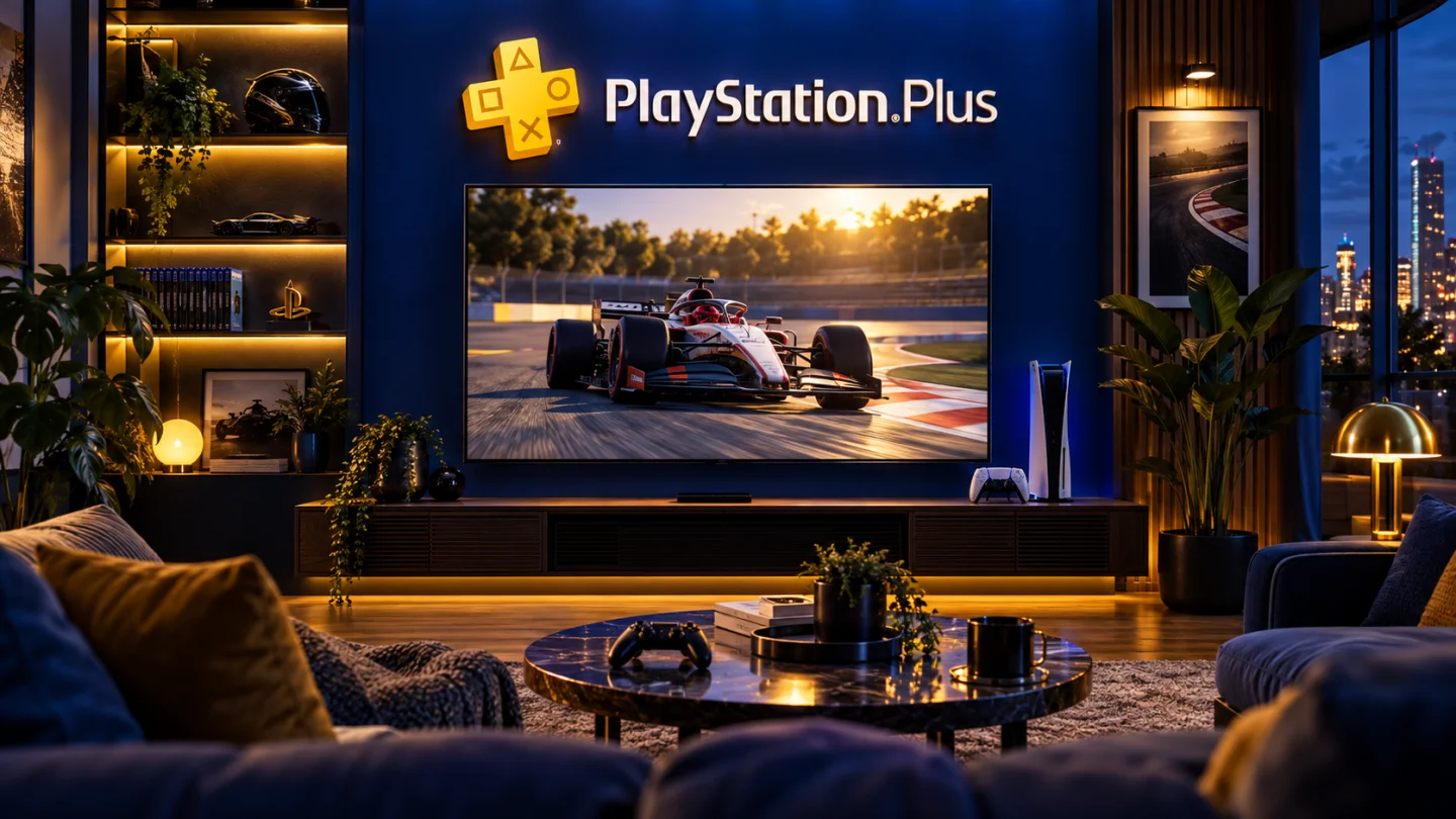 Игровая гостиная с крупным знаком PlayStation Plus и гоночной сценой на телевизоре