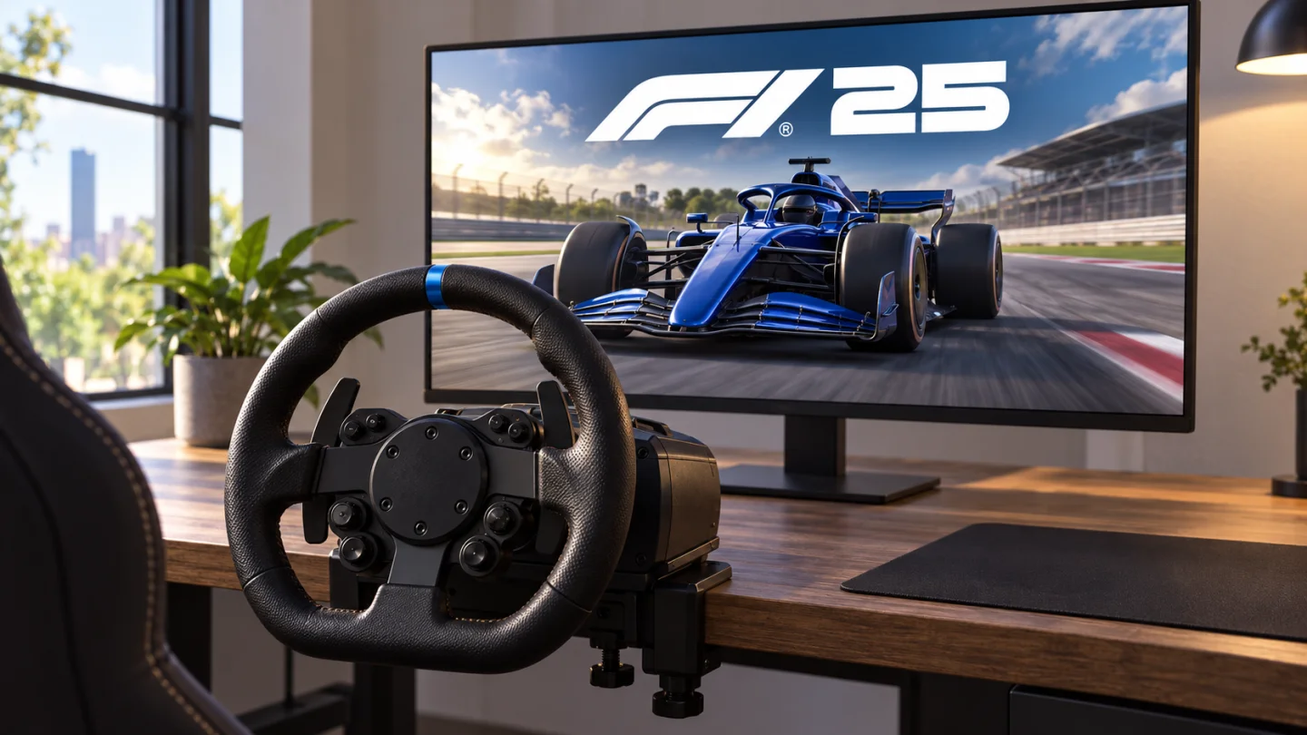 Игровой руль и экран с перегенерированным промоматериалом F1 25