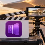 Официальный значок Final Cut Camera на хлопушке рядом со съёмочным оборудованием