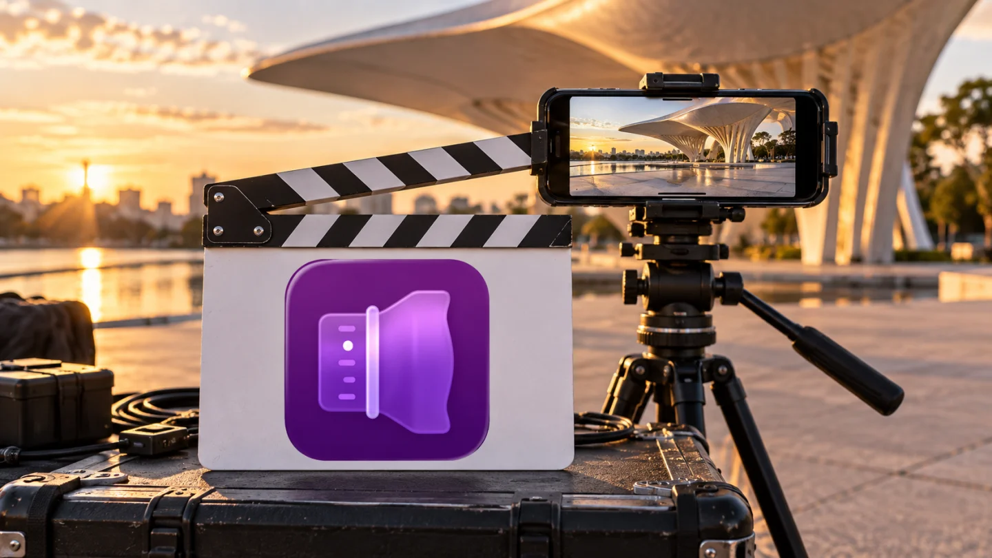 Официальный значок Final Cut Camera на хлопушке рядом со съёмочным оборудованием