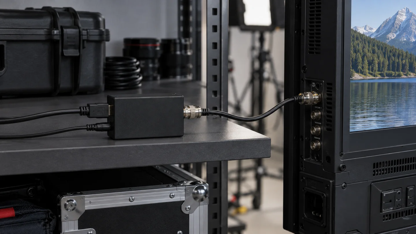 Конвертер HDMI-to-SDI соединён кабелями с профессиональным монитором