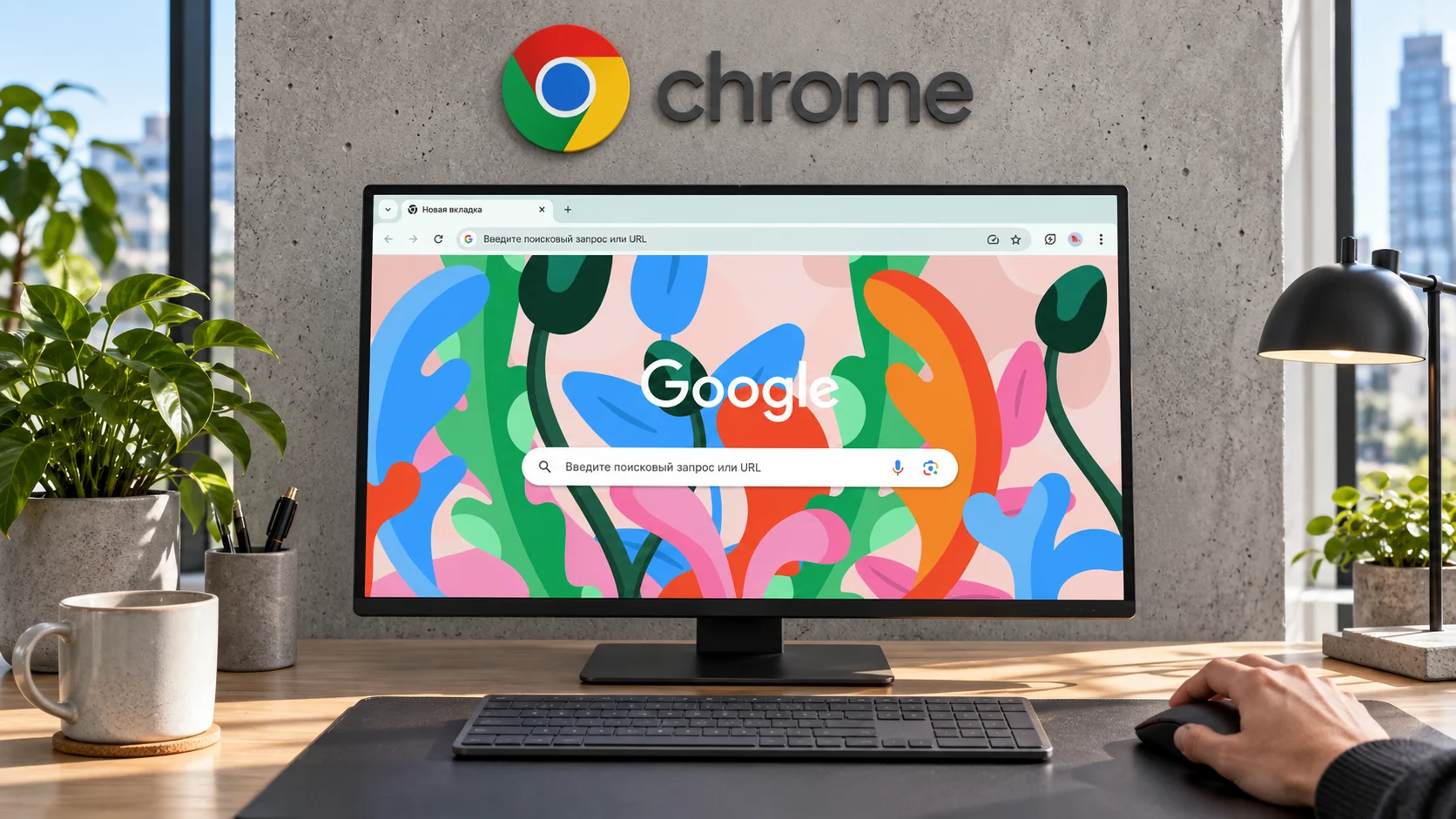 Демонстрация Chrome на активном мониторе с официальным знаком браузера