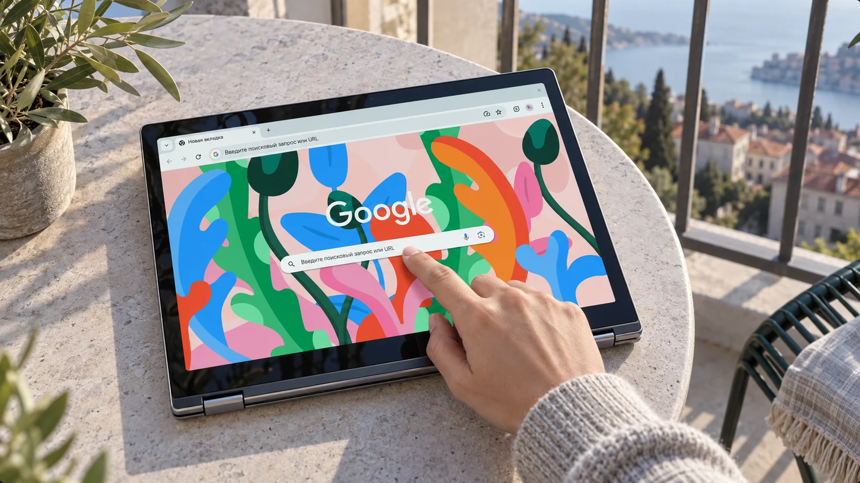 Человек пользуется Chrome на сенсорном компьютере после перезапуска