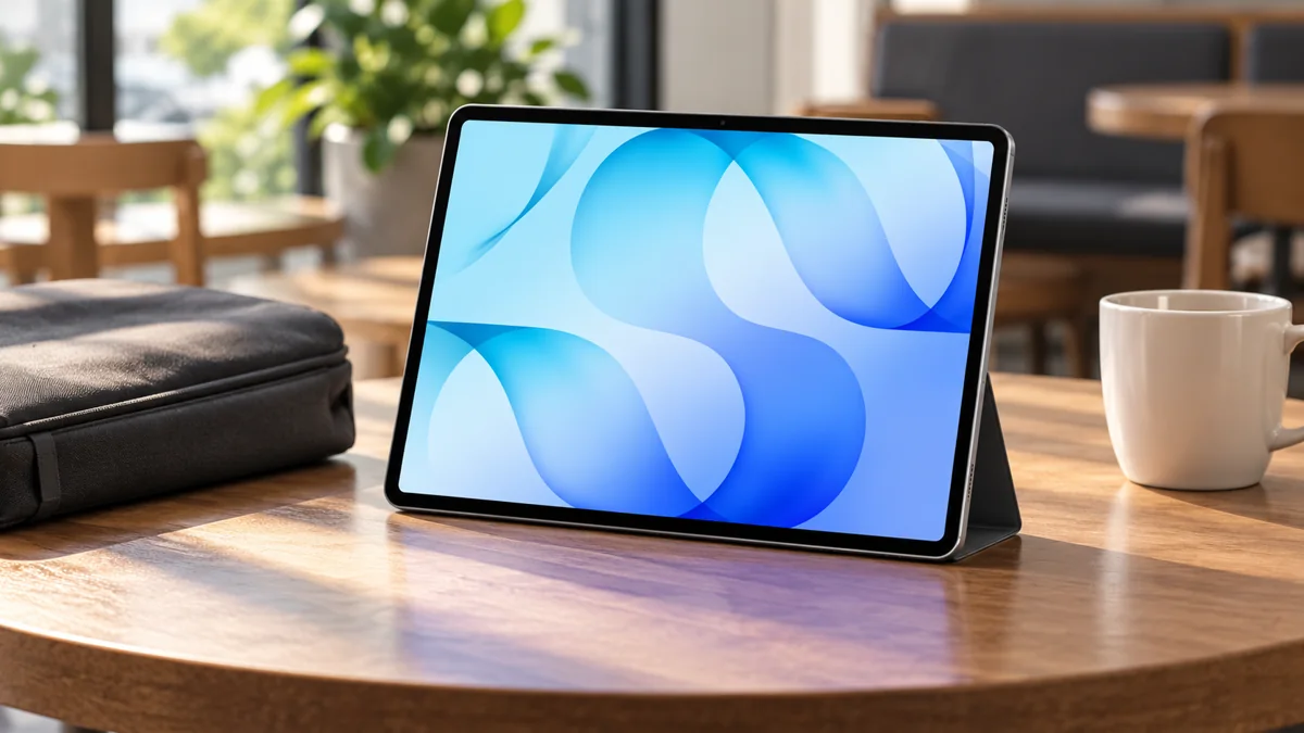 Планшет Galaxy Tab S12+ на столике рядом с сумкой