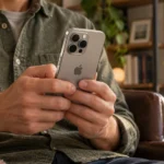 Владелец пользуется iPhone с естественно расположенным логотипом Apple на корпусе
