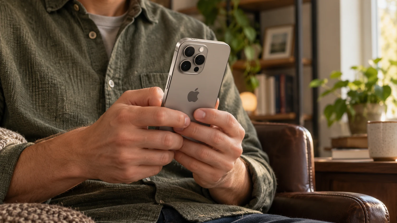 Владелец пользуется iPhone с естественно расположенным логотипом Apple на корпусе