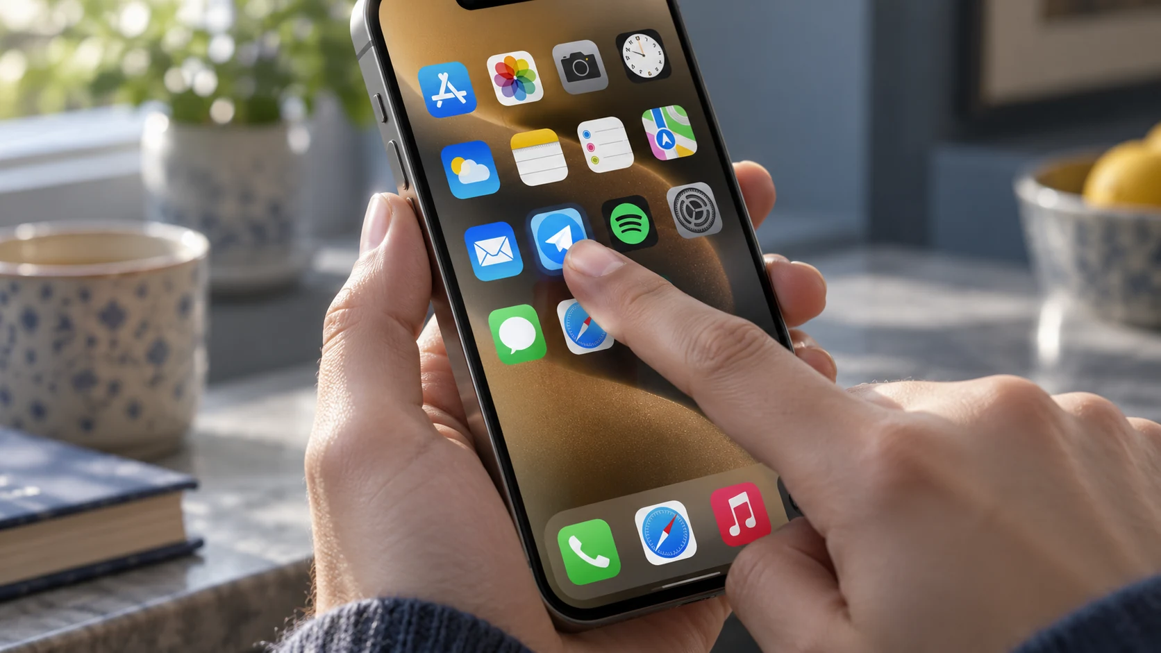 Длительное касание значка Telegram на iPhone перед скрытием приложения