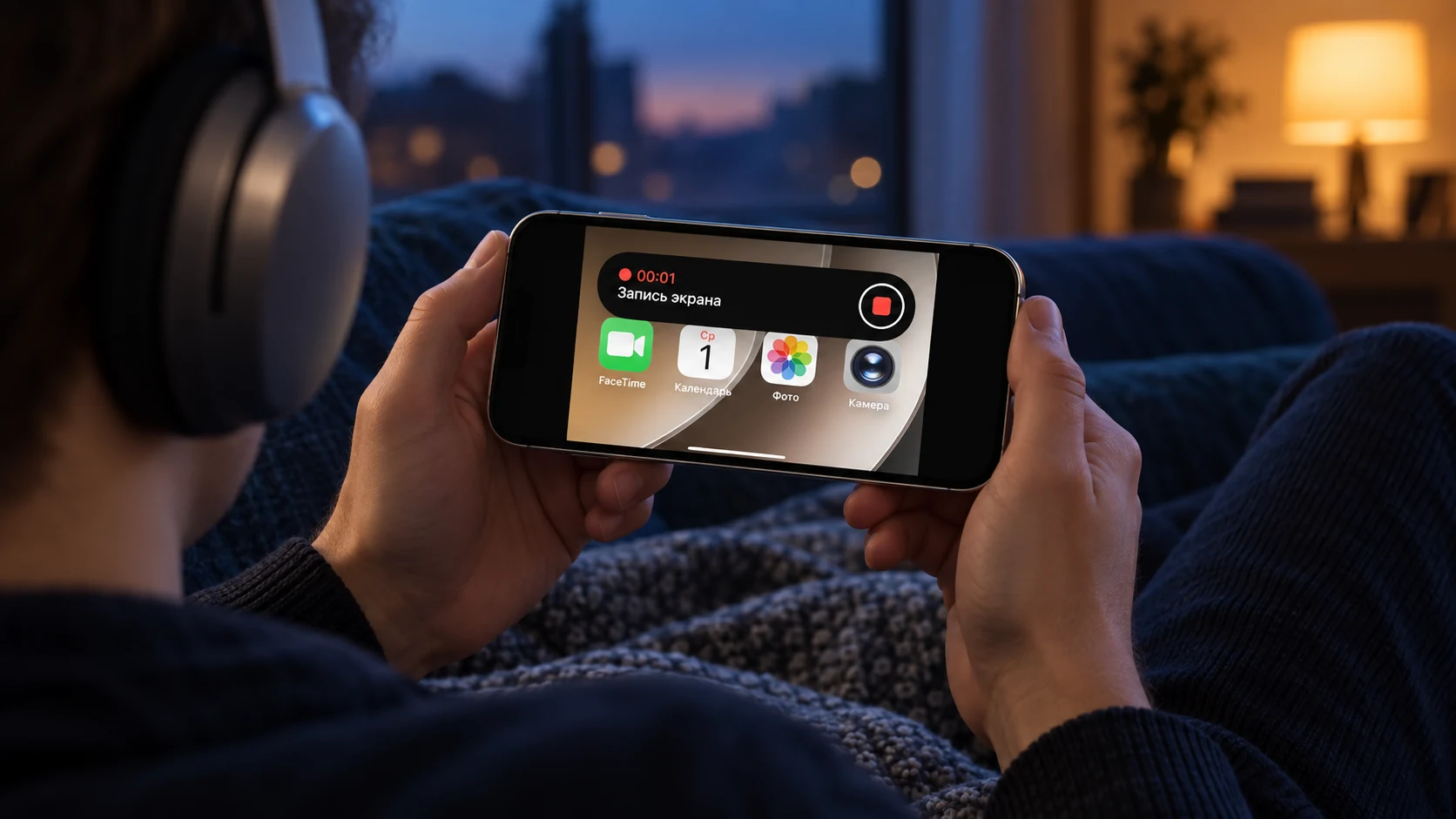 Пользователь смотрит сохранённую запись iPhone в наушниках