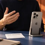 iPhone на настольном держателе перед владельцем, который готовит голосовое объяснение