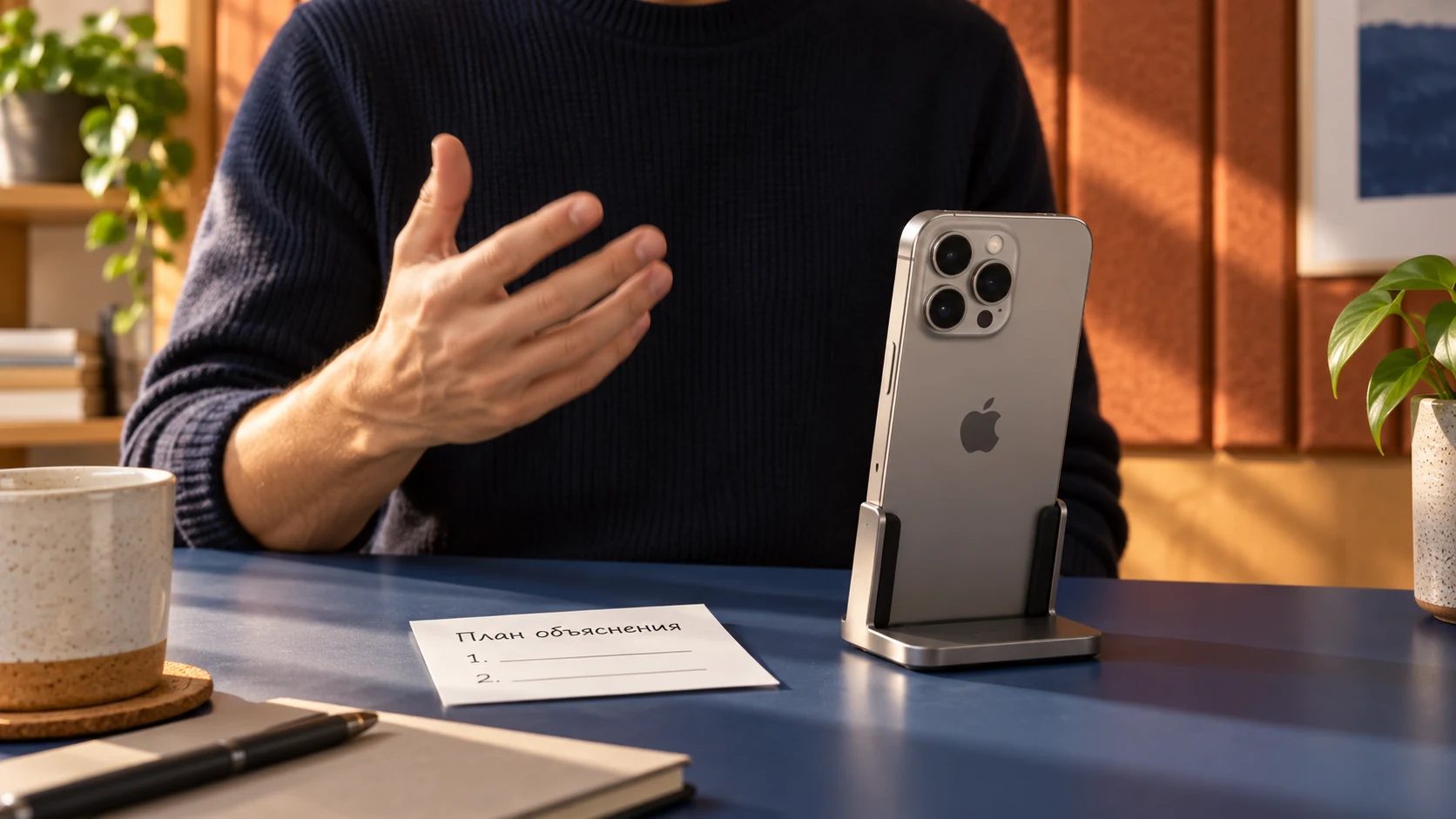 iPhone на настольном держателе перед владельцем, который готовит голосовое объяснение