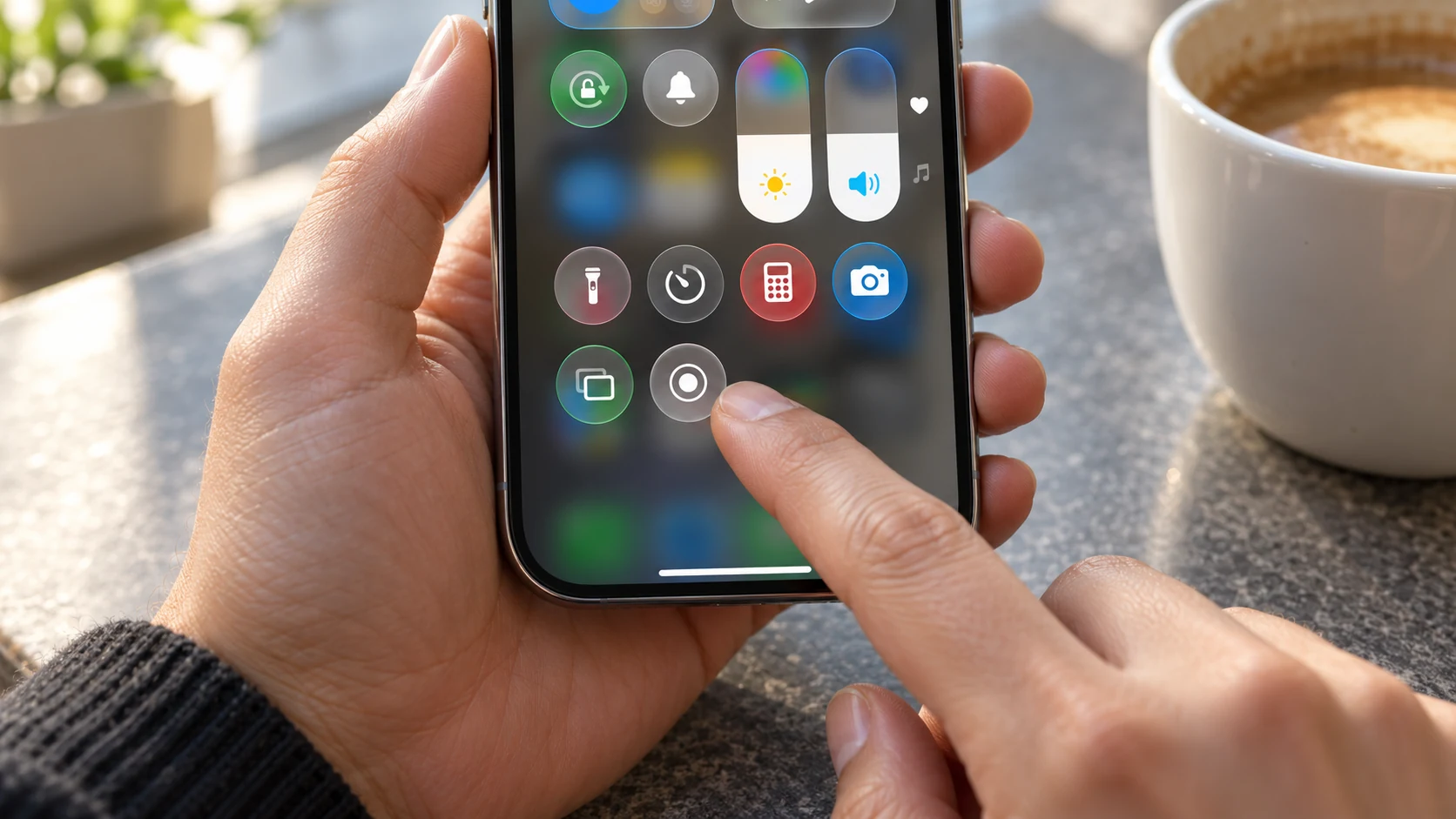 Палец запускает запись круглой кнопкой в Пункте управления iPhone