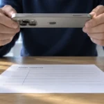 iPhone держат над бумажным документом для сканирования