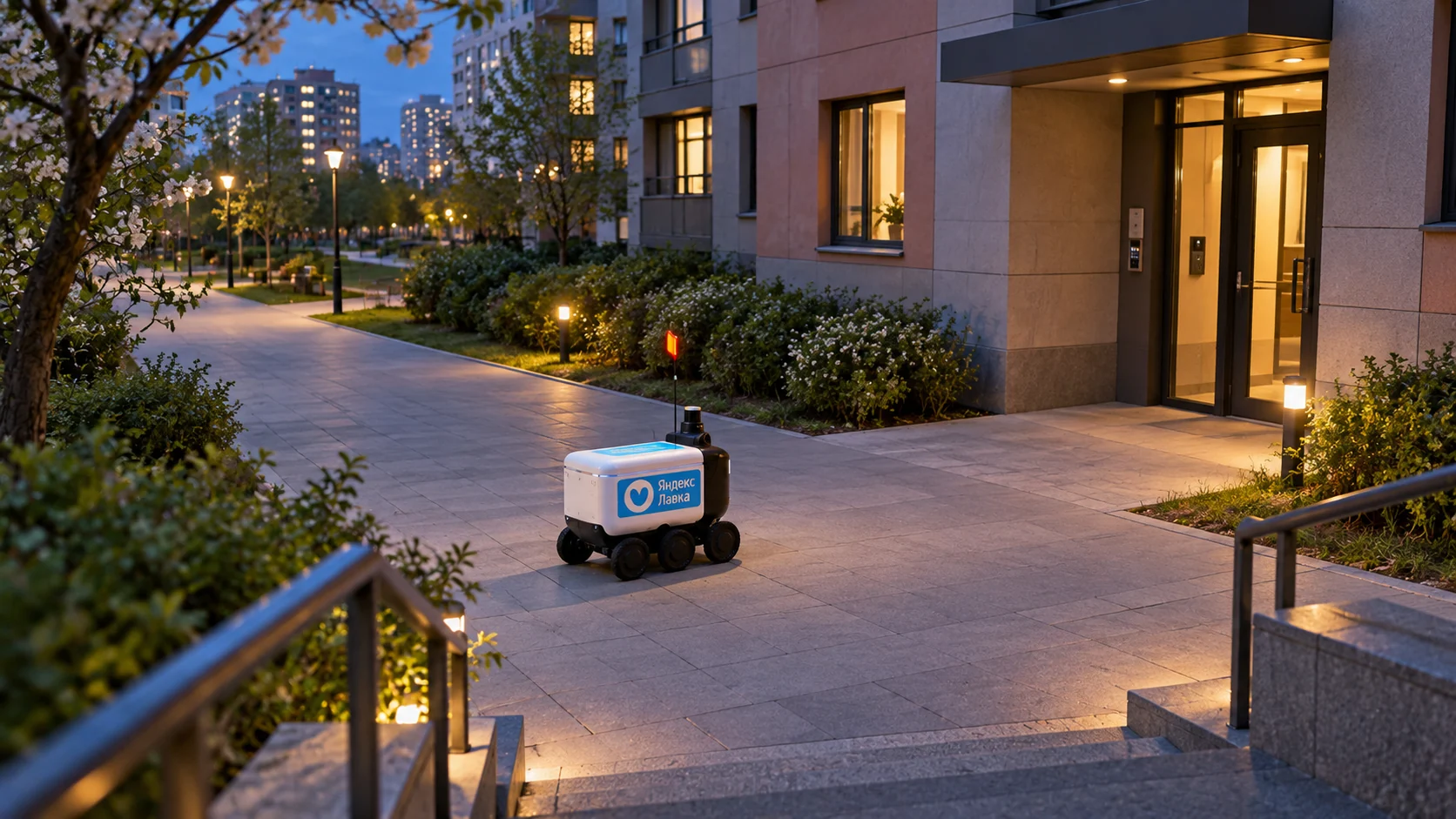 Ровер Лавки следует по свободному тротуару у жилого подъезда