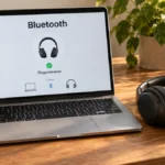 Беспроводные наушники рядом с MacBook и схемой подключения