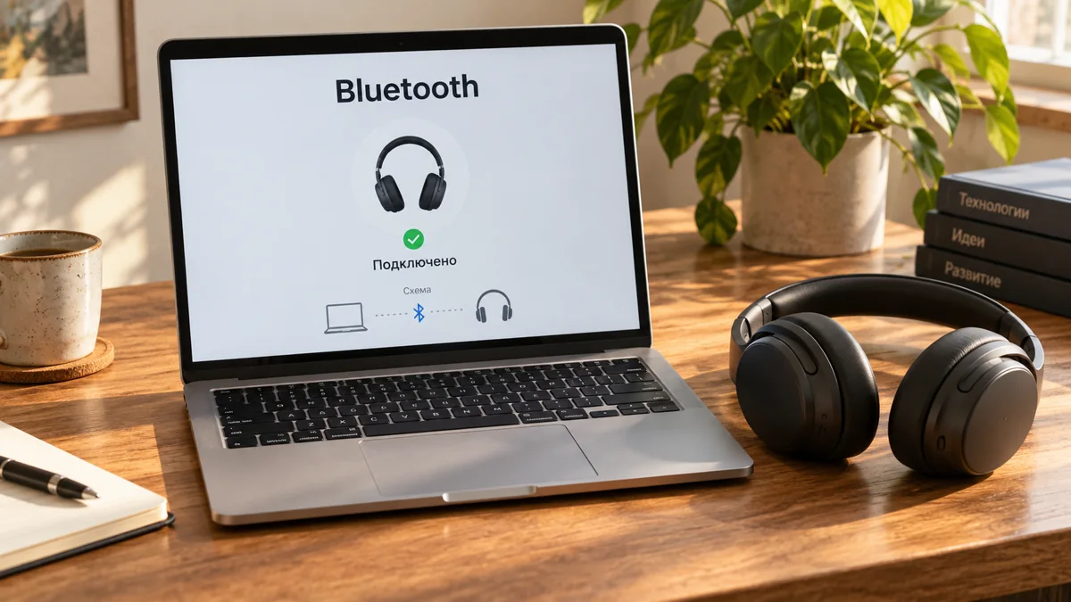 Беспроводные наушники рядом с MacBook и схемой подключения