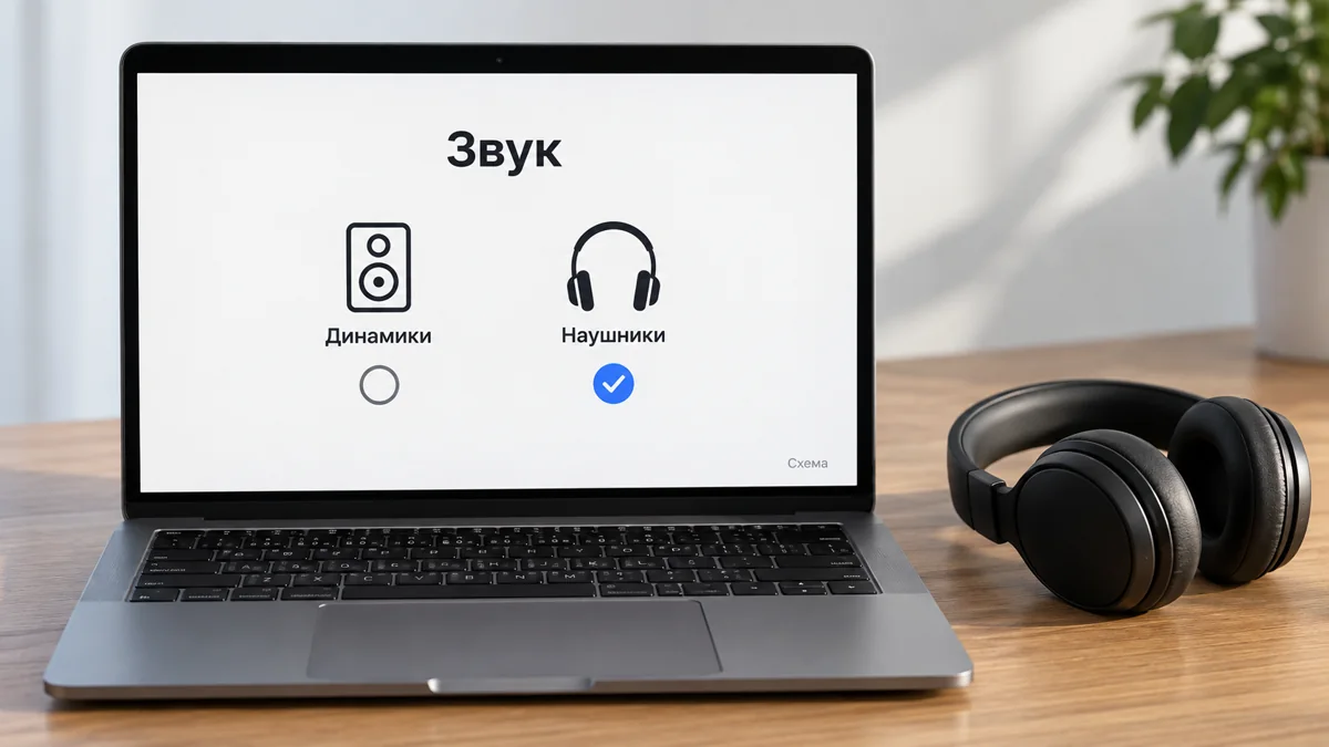 MacBook со схематичным выбором наушников в разделе звука
