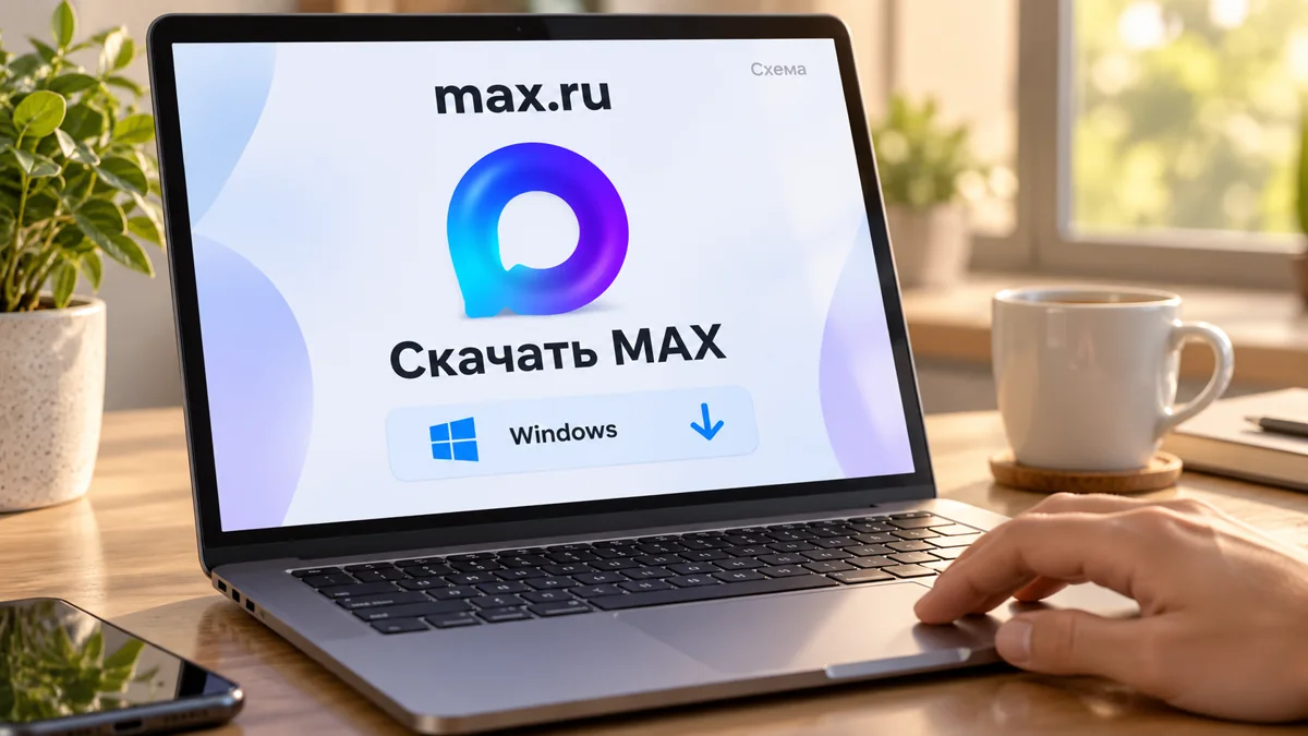 Экран ноутбука со схемой официальной загрузки MAX для Windows