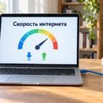 Ноутбук с кабельным подключением и схемой измерения скорости