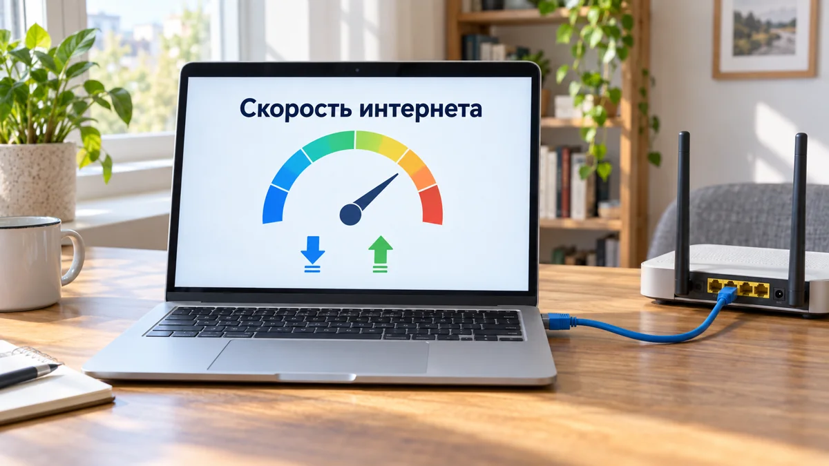 Ноутбук с кабельным подключением и схемой измерения скорости