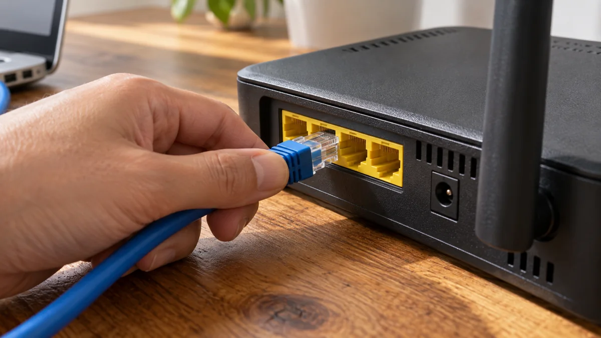 Рука вставляет кабель Ethernet в LAN-порт роутера