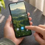 Палец открывает Telegram на Android перед настройкой приватности номера