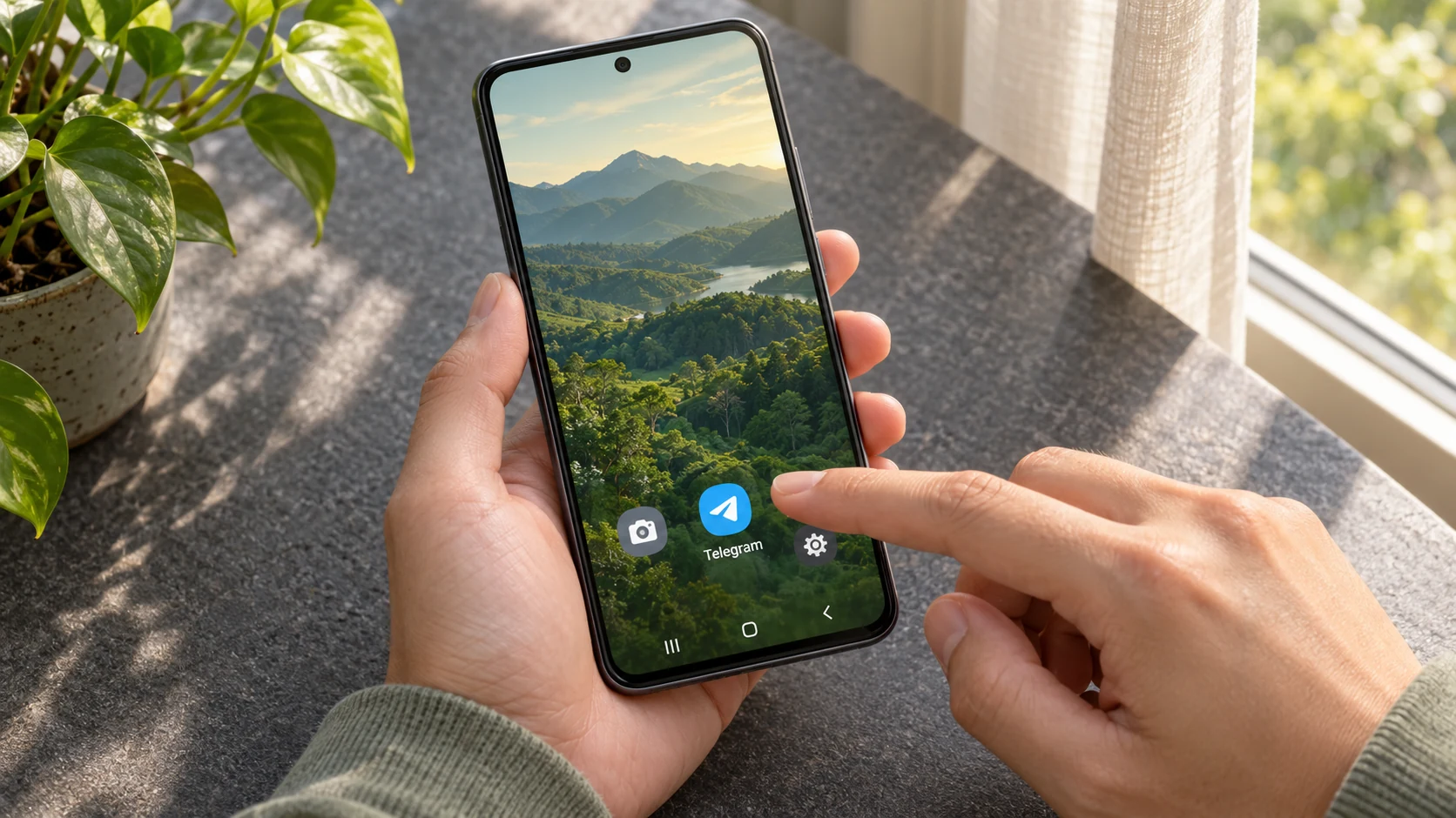 Палец открывает Telegram на Android перед настройкой приватности номера