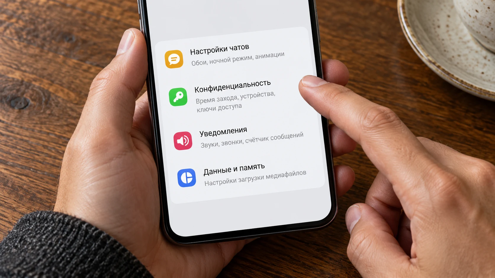 Палец выбирает раздел «Конфиденциальность» в настройках Telegram