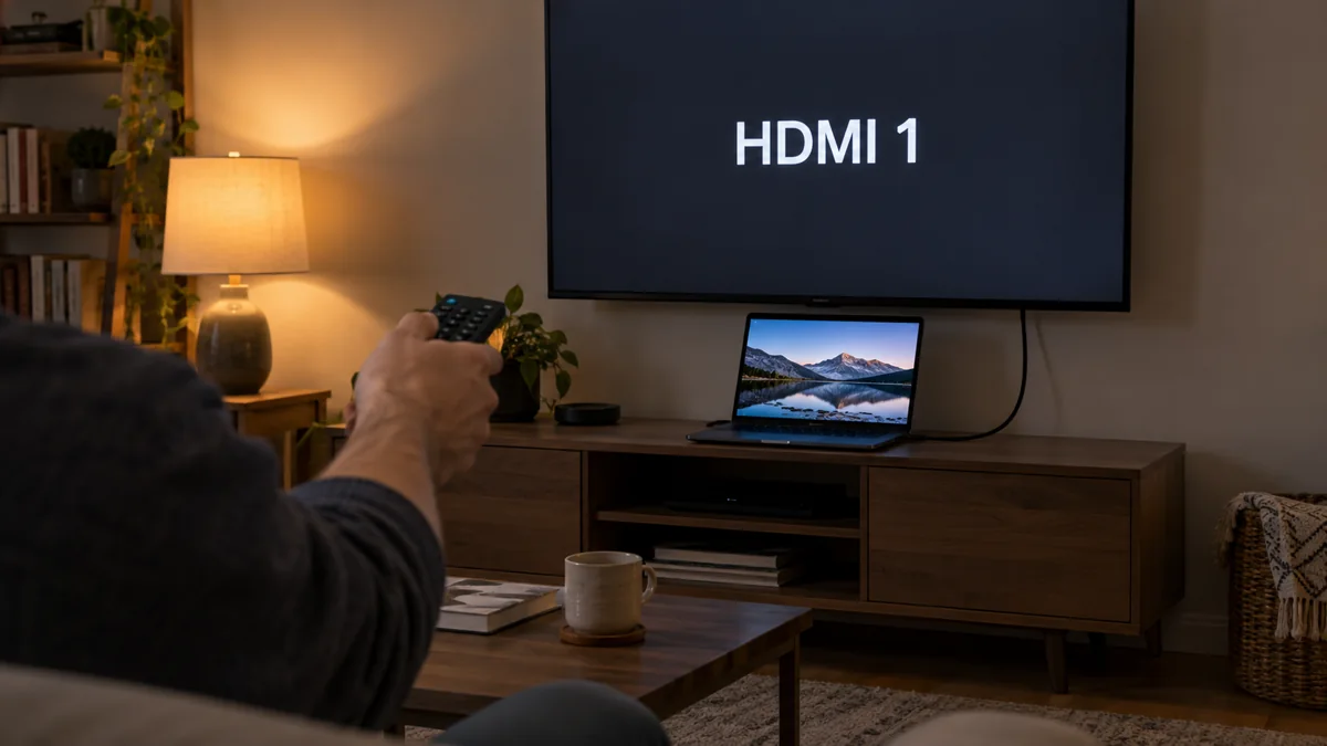 Пульт направлен на телевизор со схематичным обозначением HDMI 1